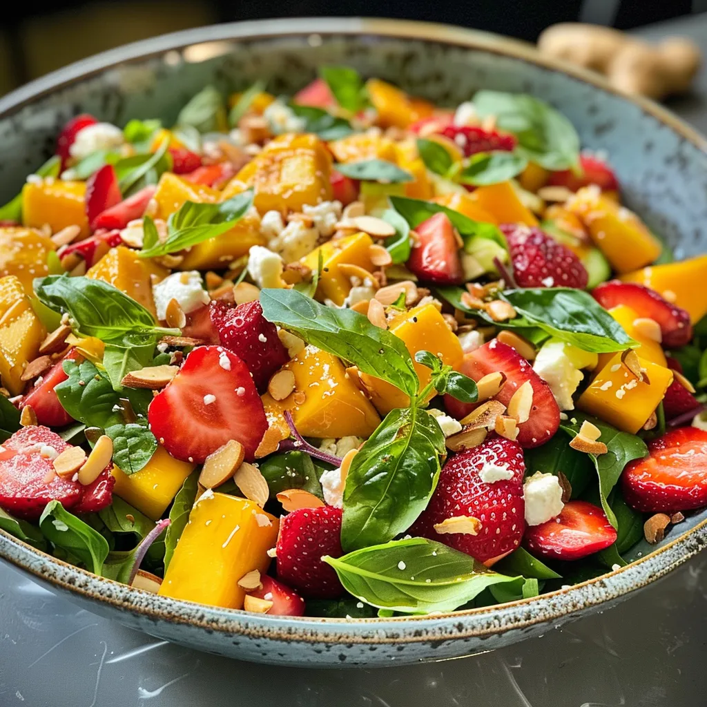 Primer plano de una ensalada colorida con fresas y mango.