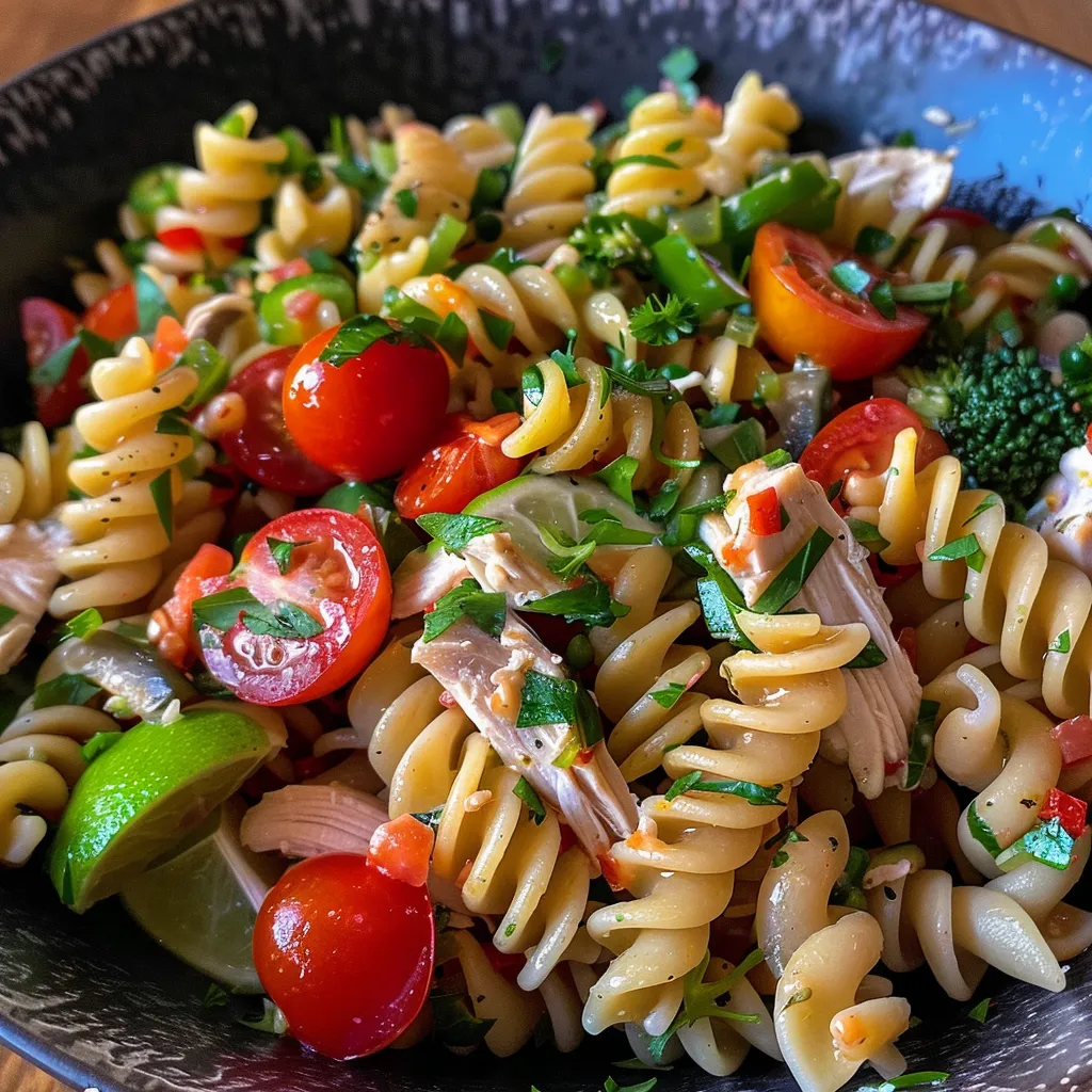 Ensalada de pasta integral con pollo y vegetales, vista lateral.