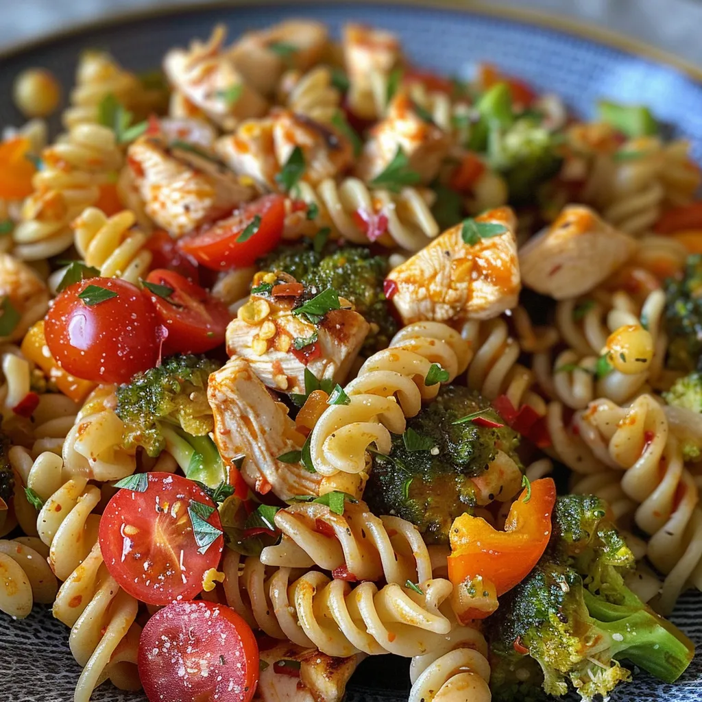 Primer plano de ensalada de pasta con pollo, tomates cherry y brócoli.