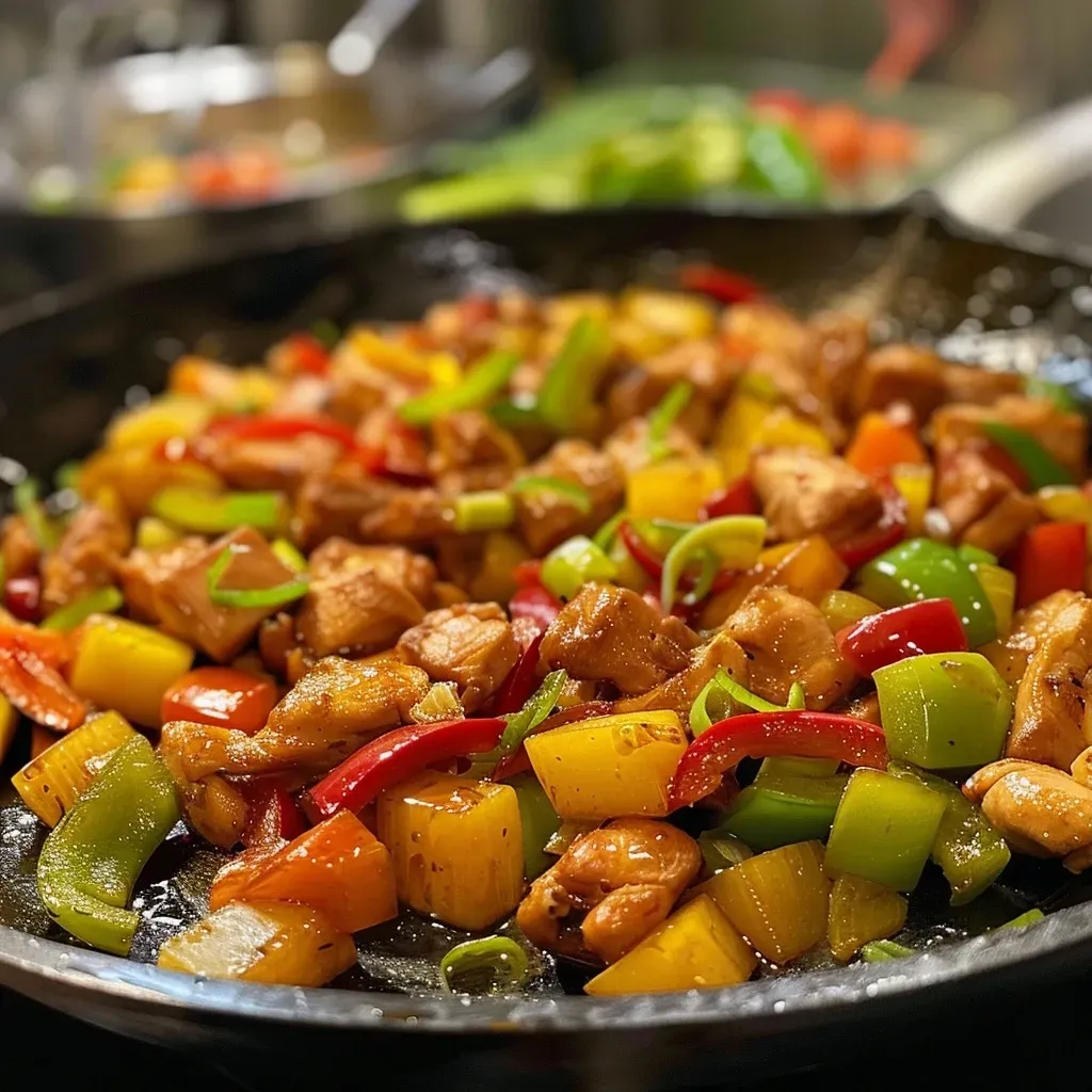 Primer plano de Wok de Pollo con Verduras fresco y colorido.