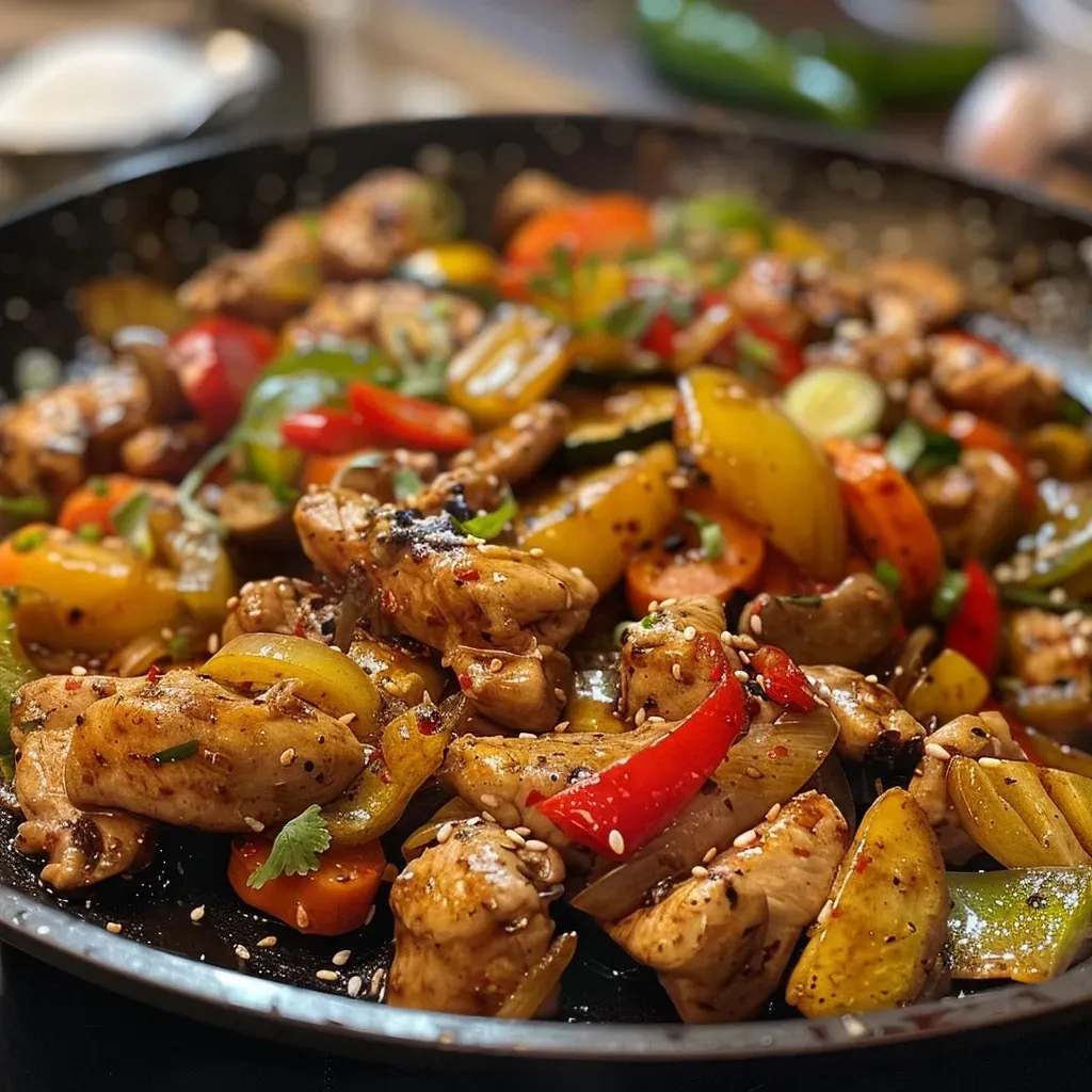 Vista lateral del plato Wok de Pollo con Verduras en una mesa.