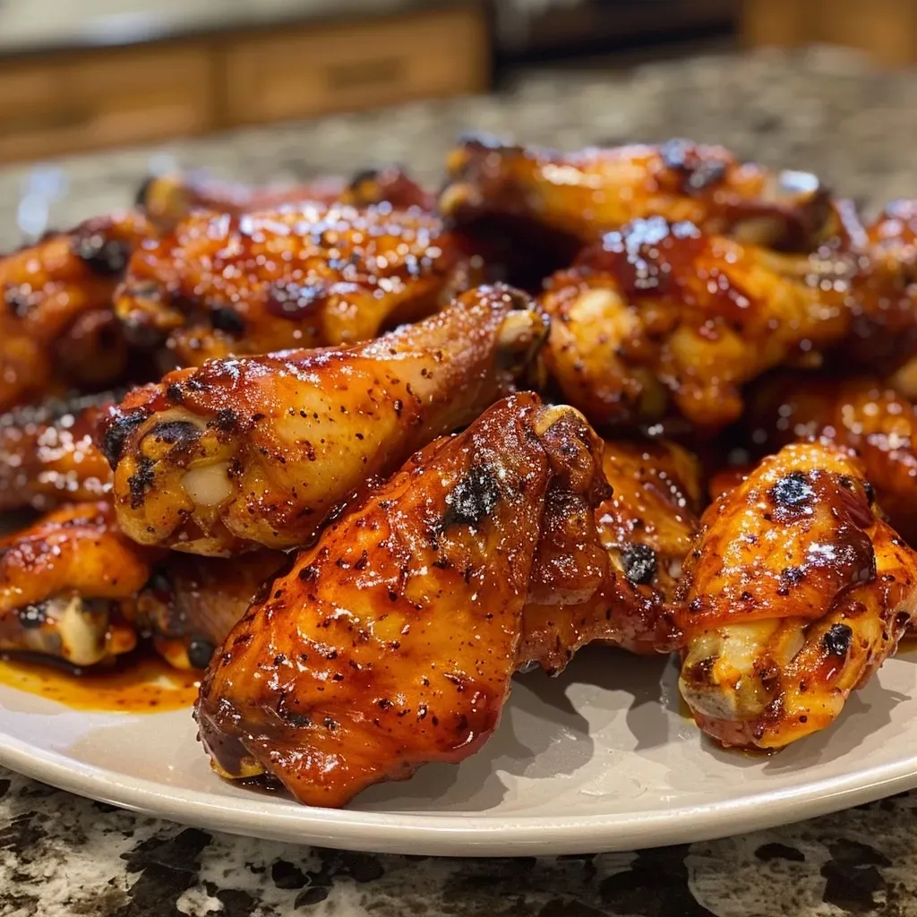 ['Alitas de pollo BBQ con miel picante en un plato.', 'Primer plano de alitas de pollo glaseadas con salsa BBQ y miel.', 'Alitas de pollo jugosas con salsa picante y ahumada.', 'Un plato de alitas de pollo BBQ brillante con miel.']
