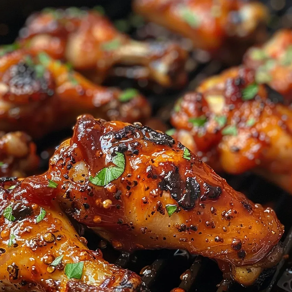['Alitas de pollo BBQ con miel picante en un plato.', 'Primer plano de alitas de pollo glaseadas con salsa BBQ y miel.', 'Alitas de pollo jugosas con salsa picante y ahumada.', 'Un plato de alitas de pollo BBQ brillante con miel.']