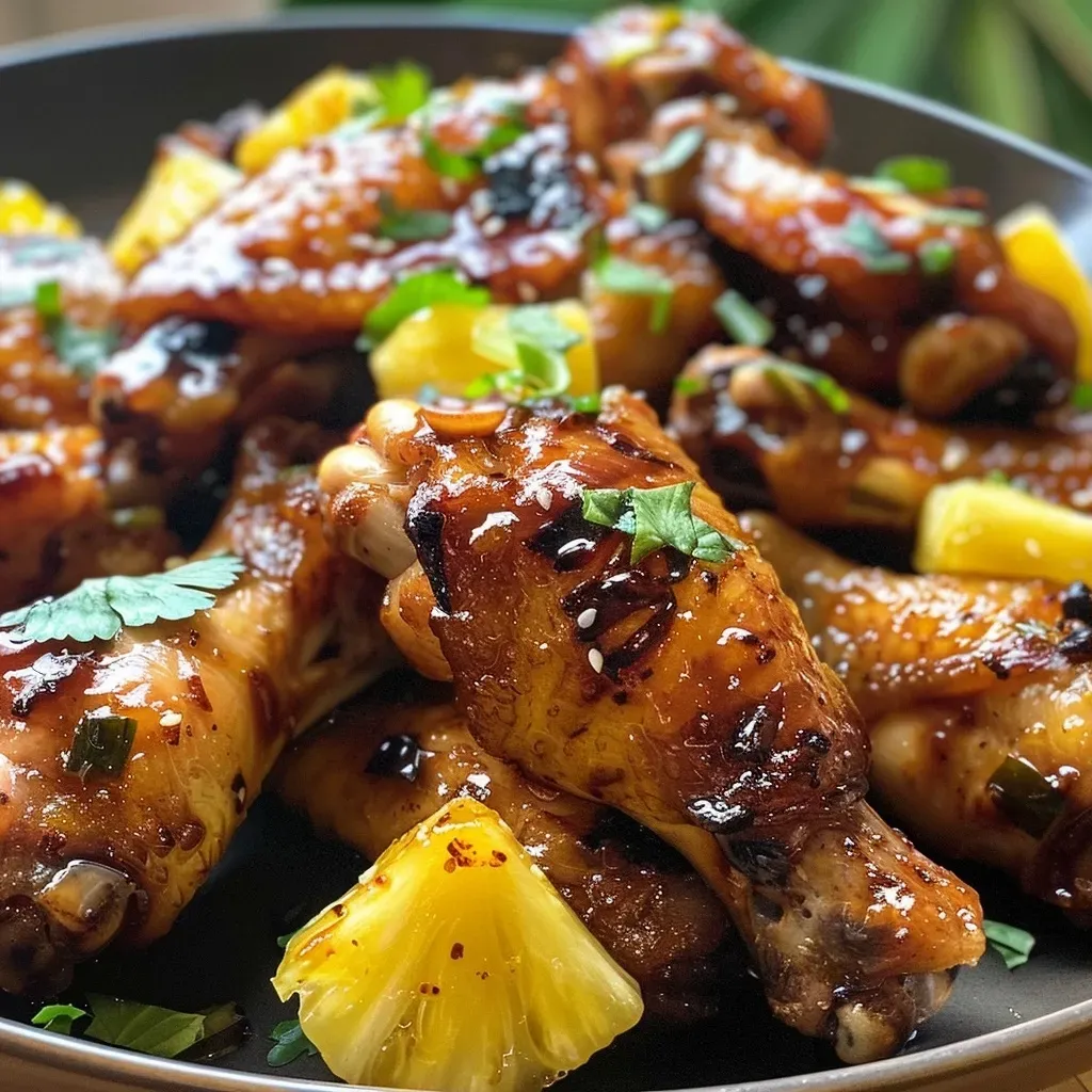 ['Alitas de pollo glaseadas con salsa de piña, vista lateral.', 'Primer plano de alitas de pollo con un jugoso aderezo de piña.', 'Alitas de pollo bañadas en salsa de piña, con trozos de fruta.', 'Fotografía de alitas de pollo con un glaseado brillante y delicioso.']