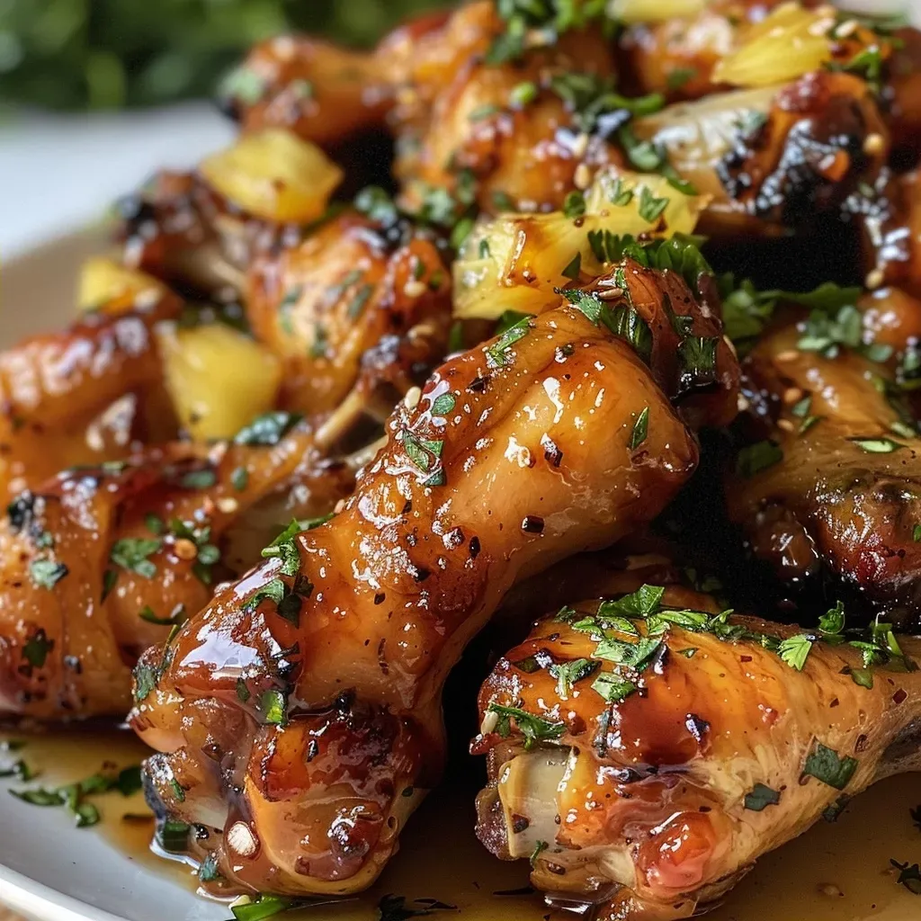 ['Alitas de pollo glaseadas con salsa de piña, vista lateral.', 'Primer plano de alitas de pollo con un jugoso aderezo de piña.', 'Alitas de pollo bañadas en salsa de piña, con trozos de fruta.', 'Fotografía de alitas de pollo con un glaseado brillante y delicioso.']