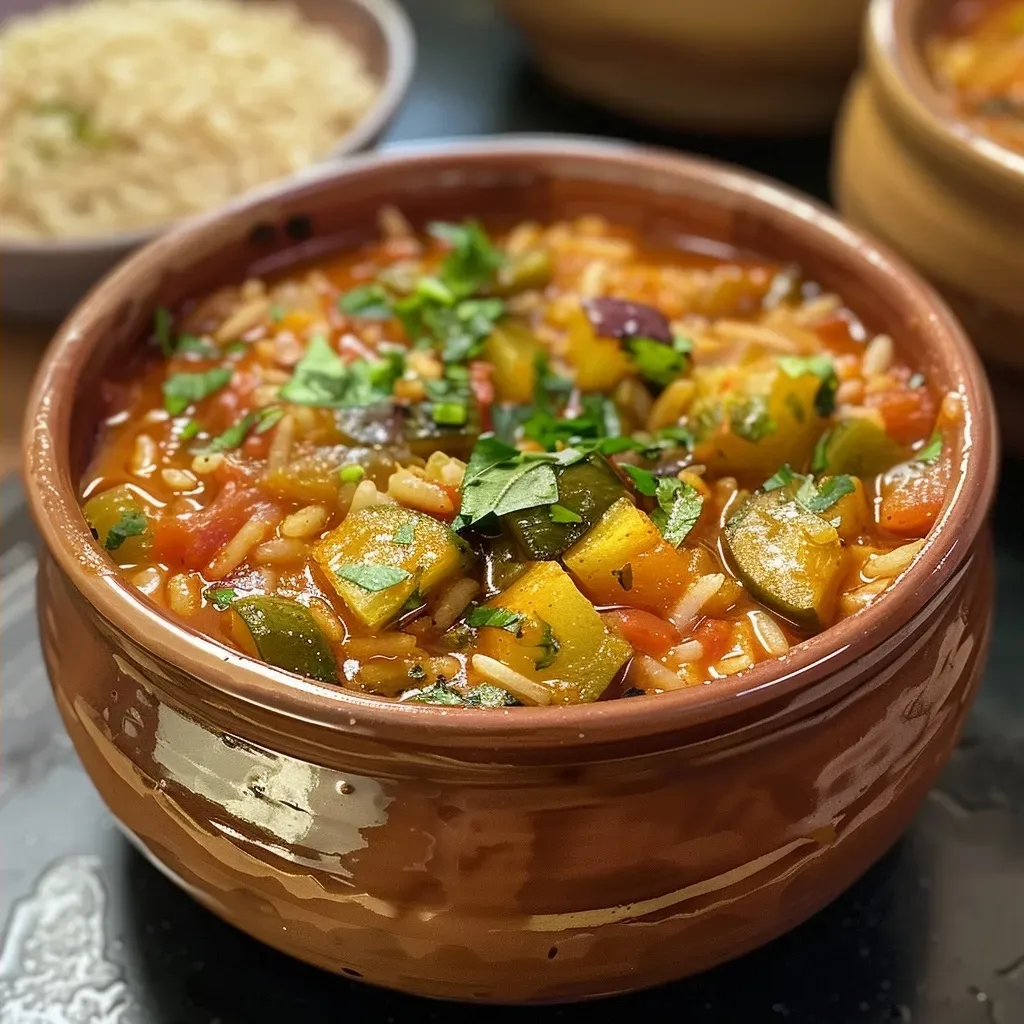 ['Arroz caldoso con verduras en un plato hondo.', 'Primer plano de un delicioso arroz caldoso con verduras.', 'Imagen de arroz caldoso con una variedad de verduras frescas.', 'Plato de arroz caldoso con ingredientes coloridos y jugosos.']