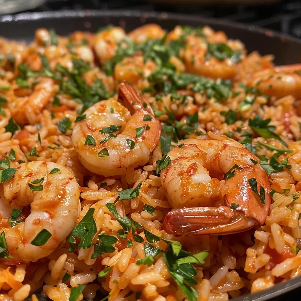 ['Plato de arroz con camarones, vista lateral.', 'Arroz con camarones recién preparado, enfoque cercano.', 'Detalle de un delicioso arroz con camarones en un recipiente.', 'Close up de arroz con camarones mostrando su textura y color.']