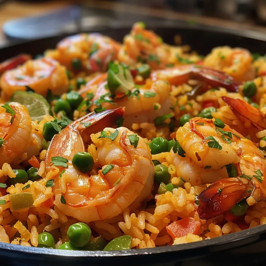 ['Arroz con camarones servido en un plato, mostrando su jugosidad.', 'Primer plano de Arroz con camarones con ingredientes frescos.', 'Vista lateral de un plato de arroz con camarones preparado.', 'Arroz con camarones en un recipiente, con detalles de camarones y especias.']