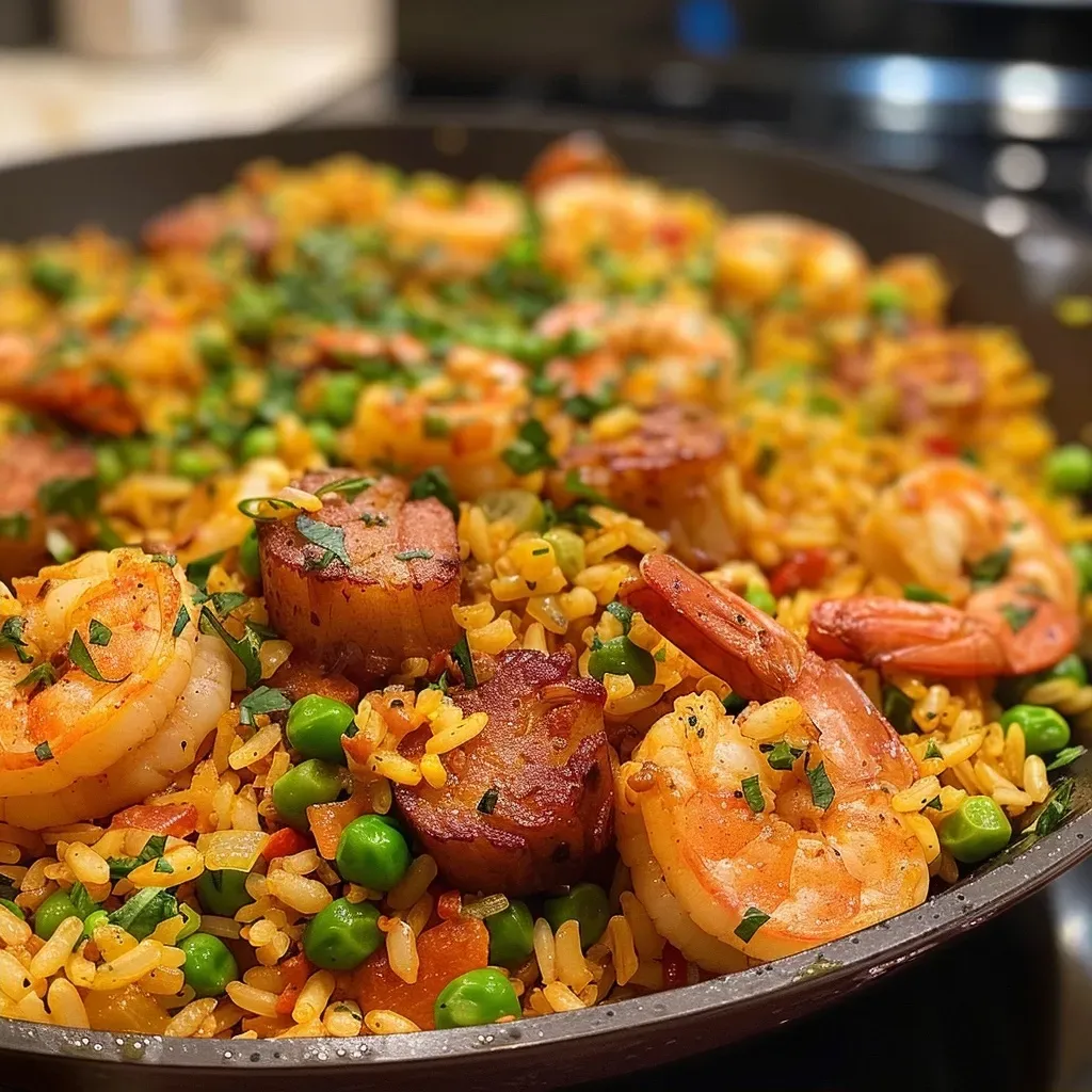 ['Arroz con camarones servido en un plato, mostrando su jugosidad.', 'Primer plano de Arroz con camarones con ingredientes frescos.', 'Vista lateral de un plato de arroz con camarones preparado.', 'Arroz con camarones en un recipiente, con detalles de camarones y especias.']