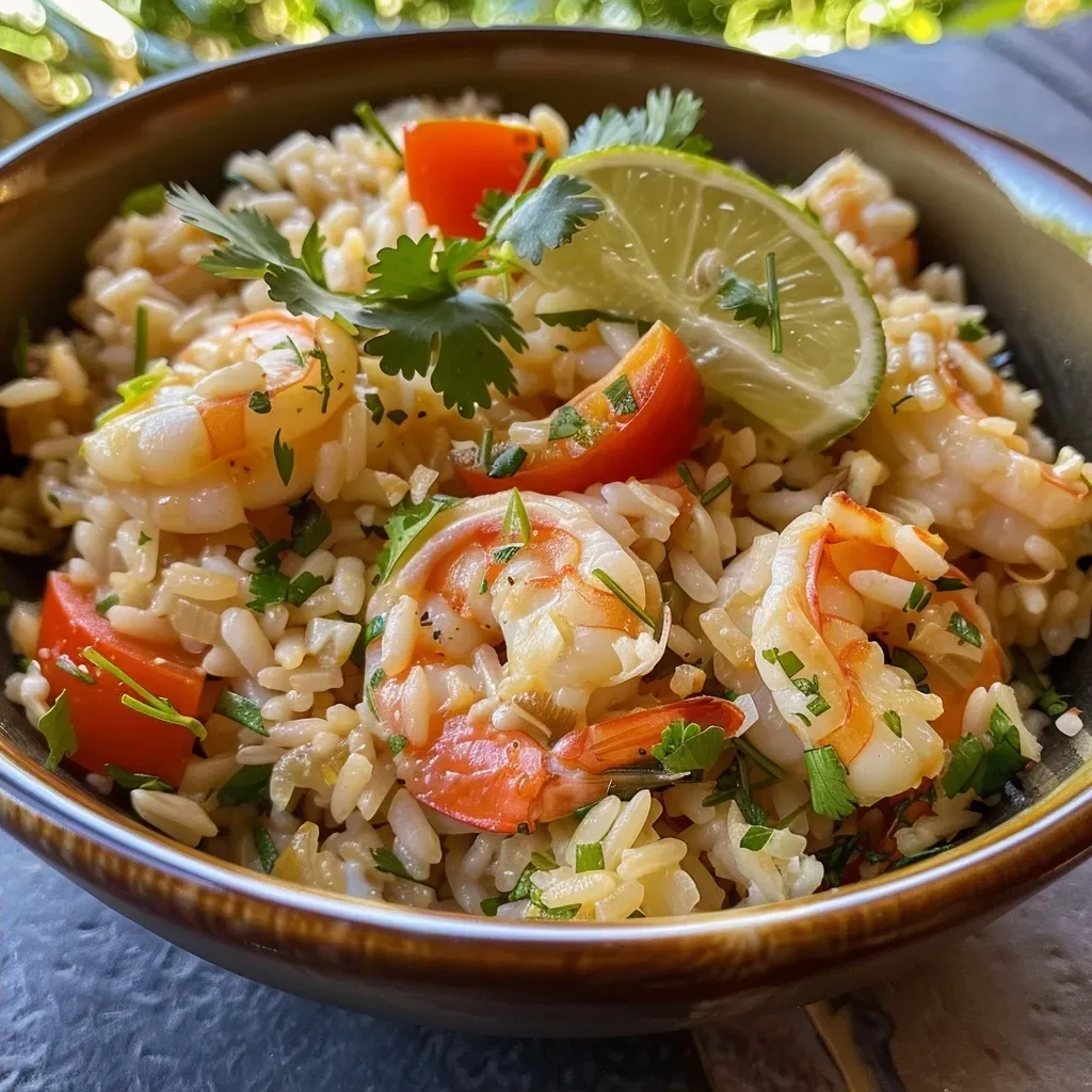 ['Arroz con camarones y leche de coco en un plato, mostrando su textura jugosa.', 'Primer plano de un plato de arroz con camarones, decorado con cilantro fresco.', 'Arroz con camarones, leche de coco y vegetales en un plato colorido.', 'Detalle de arroz con camarones, resaltando los ingredientes frescos y el acabado cremoso.']