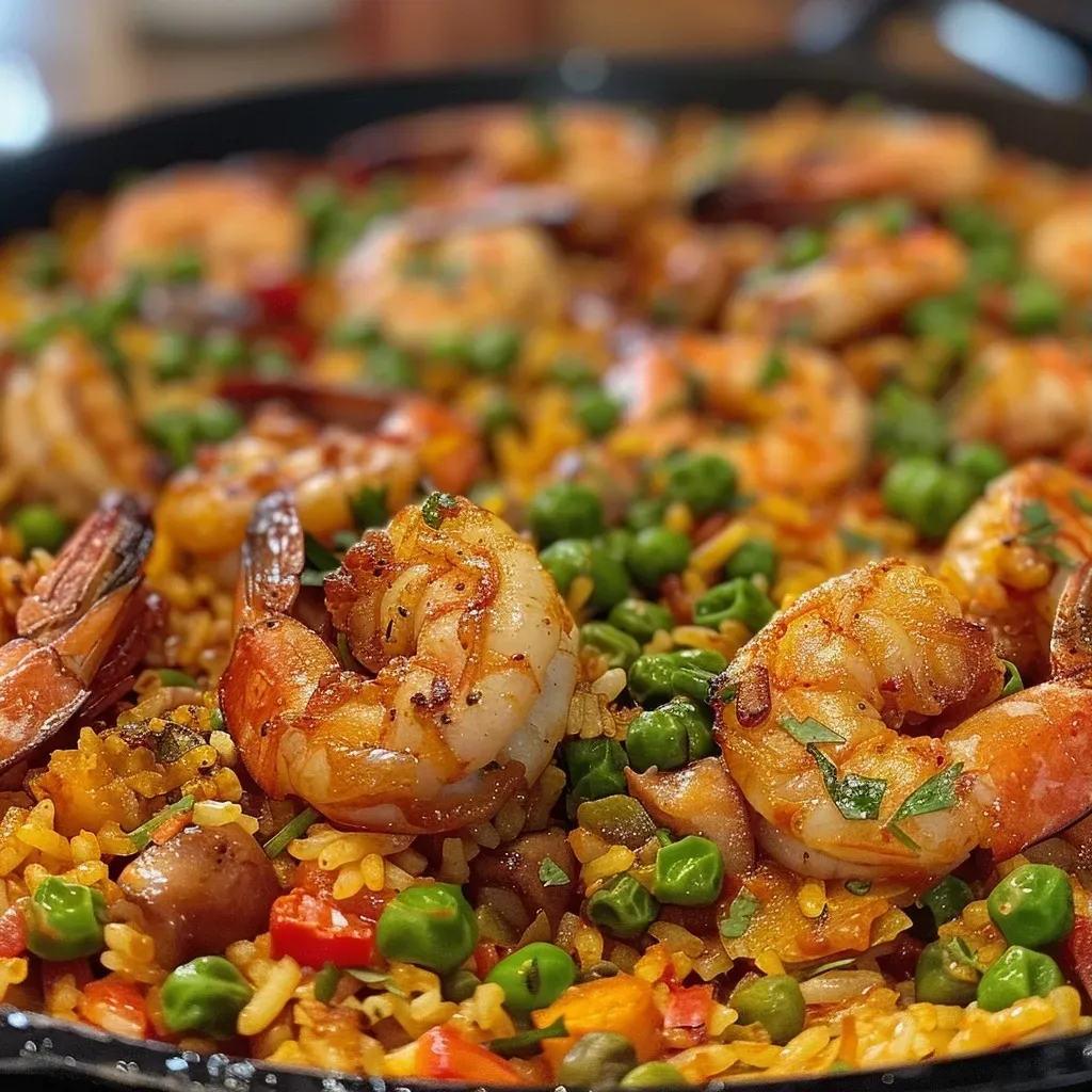 ['Plato de arroz con camarones, mostrando su textura y colores vibrantes.', 'Primer plano de un delicioso arroz con camarones servido en un tazón.', 'Vista lateral de arroz con camarones, resaltando sus ingredientes frescos.', 'Arroz con camarones preparado, con camarones jugosos y especias.']