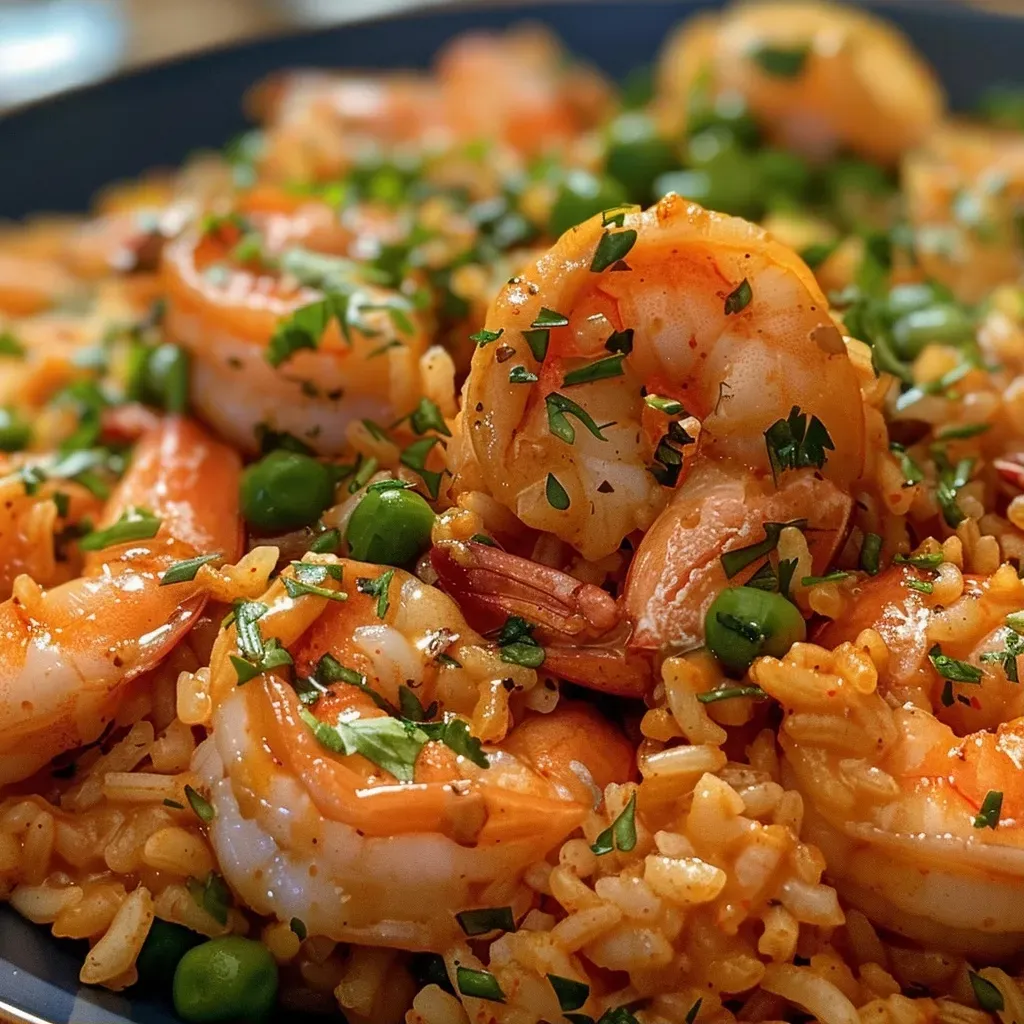['Plato de arroz con camarones visto de lado.', 'Primer plano de arroz con camarones jugosos.', 'Arroz con camarones presentado en un plato atractivo.', 'Vista lateral de un delicioso arroz con camarones.']