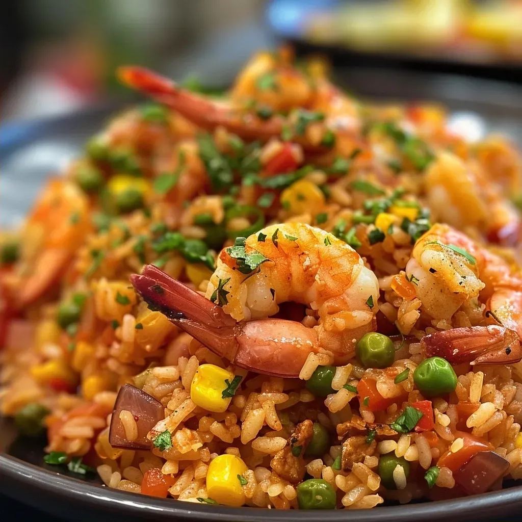 ['Plato de arroz con camarones, mostrando su textura y colores vibrantes.', 'Primer plano de un delicioso arroz con camarones servido en un tazón.', 'Vista lateral de arroz con camarones, resaltando sus ingredientes frescos.', 'Arroz con camarones preparado, con camarones jugosos y especias.']