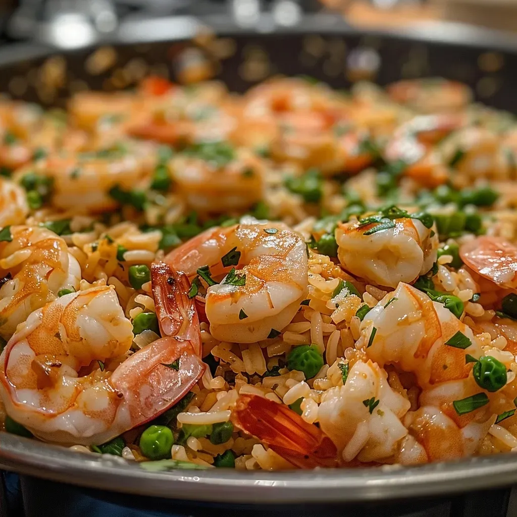['Plato de arroz con camarones visto de lado.', 'Primer plano de arroz con camarones jugosos.', 'Arroz con camarones presentado en un plato atractivo.', 'Vista lateral de un delicioso arroz con camarones.']