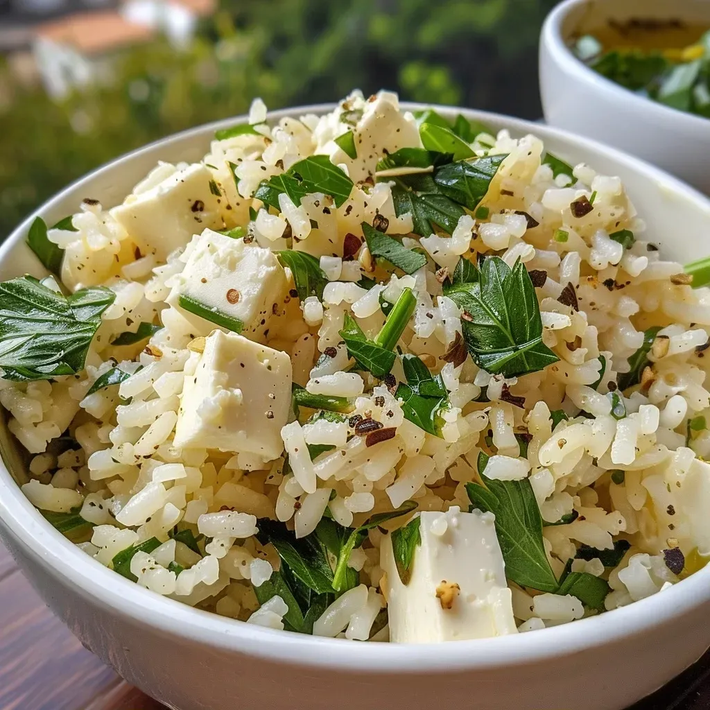 ['Plato de arroz con espinacas y queso feta, presentado en un fondo sencillo.', 'Detalle de arroz con espinacas y trozos de queso feta, servido en un plato blanco.', 'Arroz con espinacas y queso feta, visto desde un ángulo lateral con ingredientes frescos alrededor.', 'Primer plano de arroz con espinacas y queso feta, decorado con hierbas frescas.']