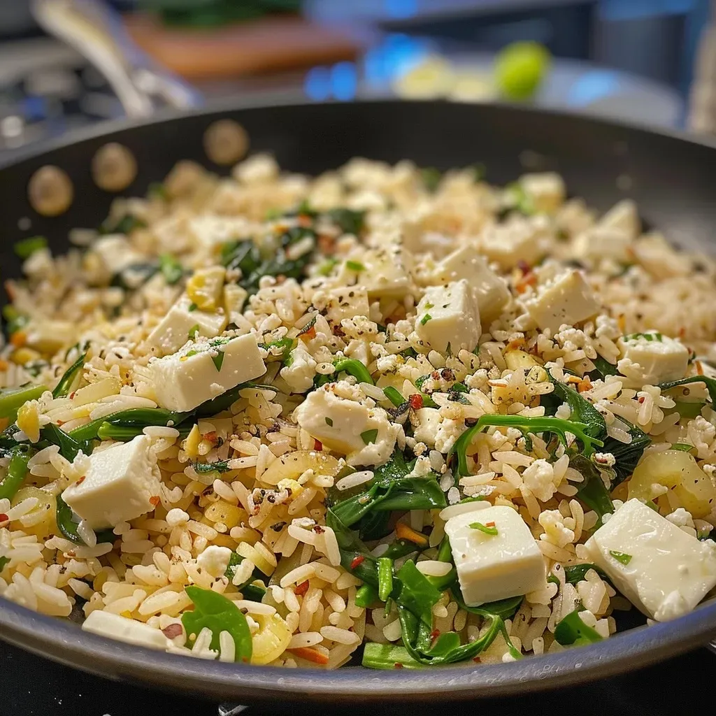 ['Plato de arroz con espinacas y queso feta, presentado en un fondo sencillo.', 'Detalle de arroz con espinacas y trozos de queso feta, servido en un plato blanco.', 'Arroz con espinacas y queso feta, visto desde un ángulo lateral con ingredientes frescos alrededor.', 'Primer plano de arroz con espinacas y queso feta, decorado con hierbas frescas.']