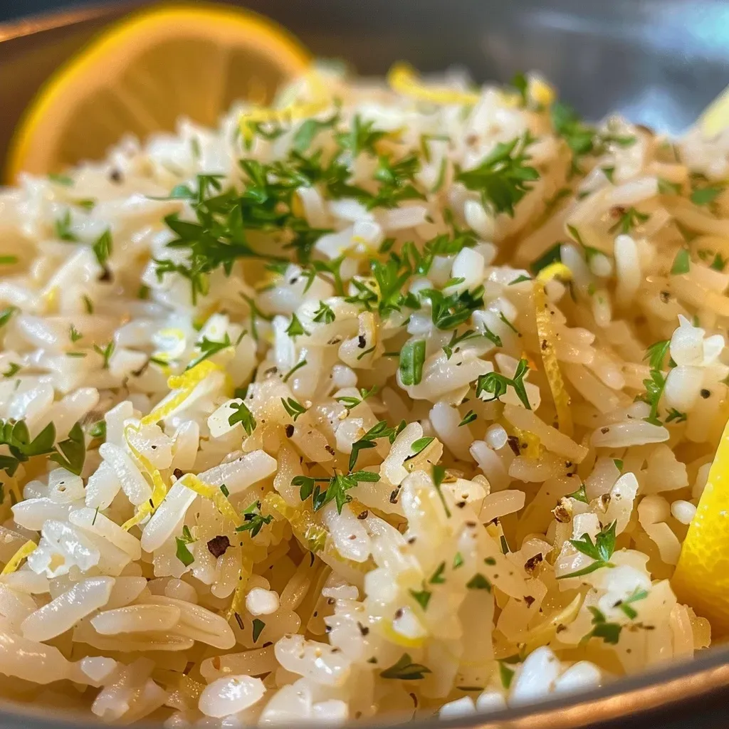['Placa de arroz con limón, con ingredientes frescos y colores vibrantes.', 'Tazón de arroz con limón decorado con hierbas frescas.', 'Primer plano de arroz con limón, resaltando su textura y frescura.', 'Porción de arroz con limón, mostrando ingredientes como ajo y perejil.']