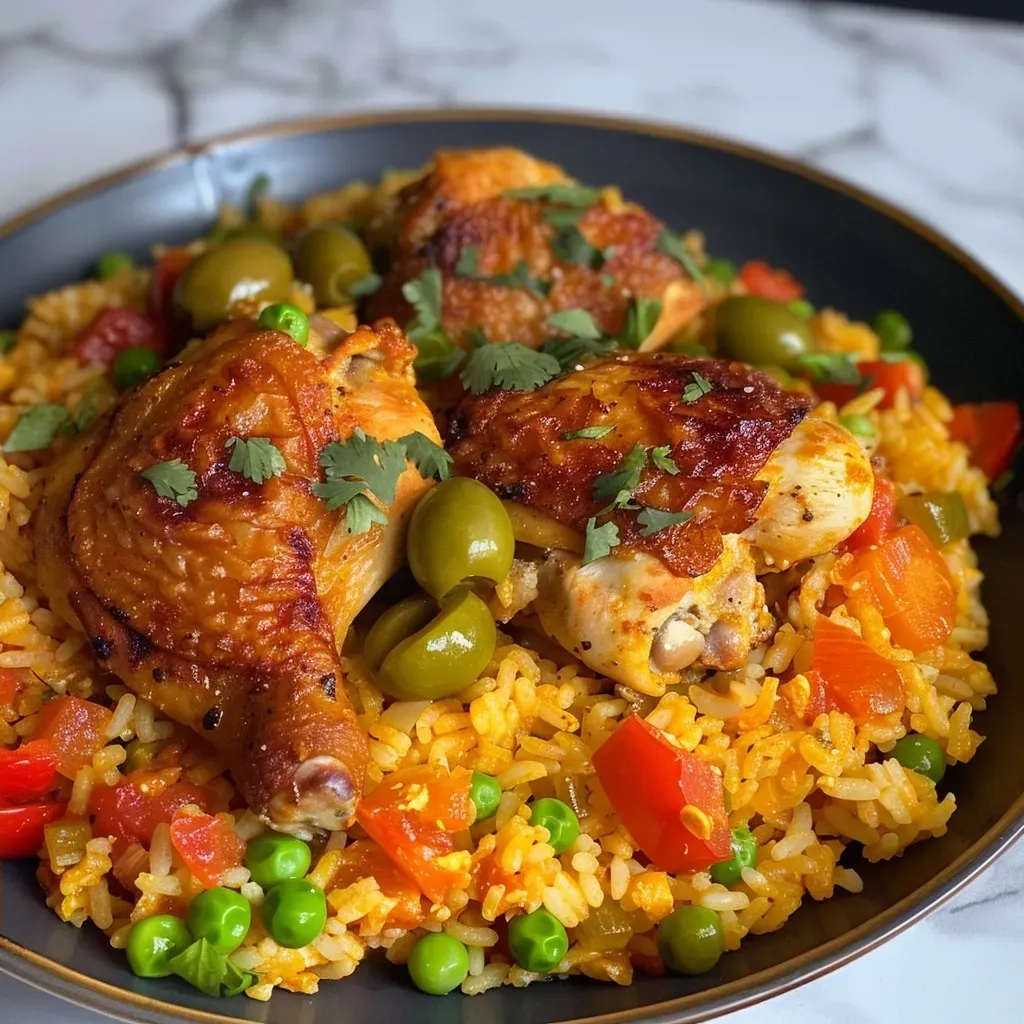 ['Plato de arroz con pollo, con ingredientes frescos y coloridos.', 'Close up de un delicioso arroz con pollo fácil y rápido.', 'Vista lateral de un plato de arroz con pollo jugoso y apetitoso.', 'Imagen de arroz con pollo, mostrando su textura y colores vibrantes.']
