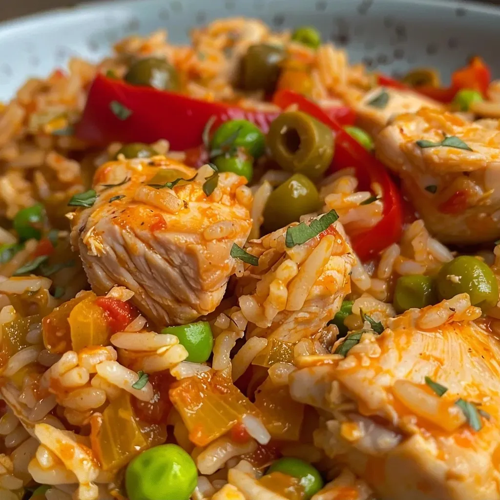 ['Tazón de arroz con pollo jugoso y colorido.', 'Plato de arroz con pollo con ingredientes frescos.', 'Close up de arroz con pollo listo para servir.', 'Arroz con pollo presentado con verduras y aceitunas.']