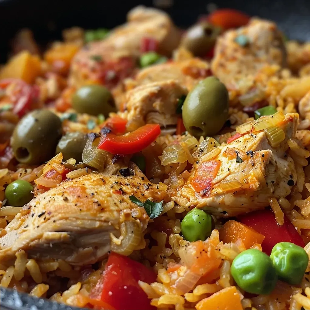 ['Tazón de arroz con pollo jugoso y colorido.', 'Plato de arroz con pollo con ingredientes frescos.', 'Close up de arroz con pollo listo para servir.', 'Arroz con pollo presentado con verduras y aceitunas.']