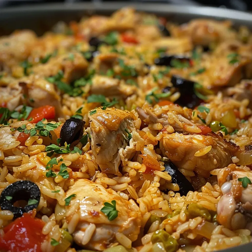['Plato de arroz con pollo y aceitunas negras en primer plano.', 'Vista lateral de la receta de arroz con pollo y aceitunas negras.', 'Arroz con pollo y aceitunas negras servido en un plato.', 'Detalle de arroz con pollo acompañado de aceitunas negras.']