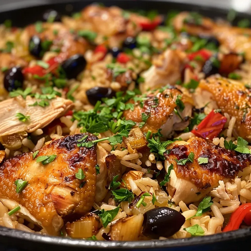 ['Plato de arroz con pollo y aceitunas negras, en vista lateral.', 'Close-up de arroz con pollo y aceitunas, con garnición de perejil.', 'Arroz con pollo presentado en un plato, con ingredientes visibles.', 'Detalle de un plato de arroz con pollo, decorado con aceitunas negras.']