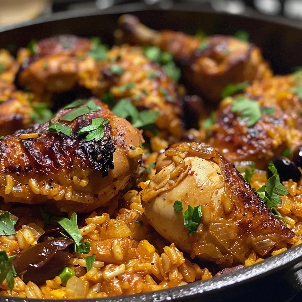 ['Plato de arroz con pollo y aceitunas negras en primer plano.', 'Vista lateral de la receta de arroz con pollo y aceitunas negras.', 'Arroz con pollo y aceitunas negras servido en un plato.', 'Detalle de arroz con pollo acompañado de aceitunas negras.']