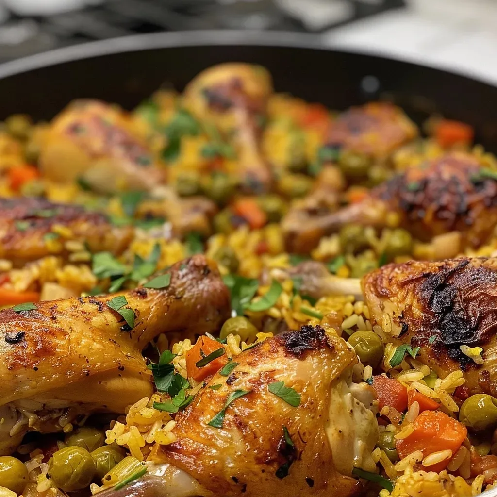['Plato de arroz con pollo y aceitunas en primer plano.', 'Vista lateral de arroz con pollo y aceitunas, mostrando sus ingredientes.', 'Arroz con pollo y aceitunas presentado en un plato, con colores vibrantes.', 'Detalle de arroz con pollo y aceitunas, resaltando su jugosidad.']