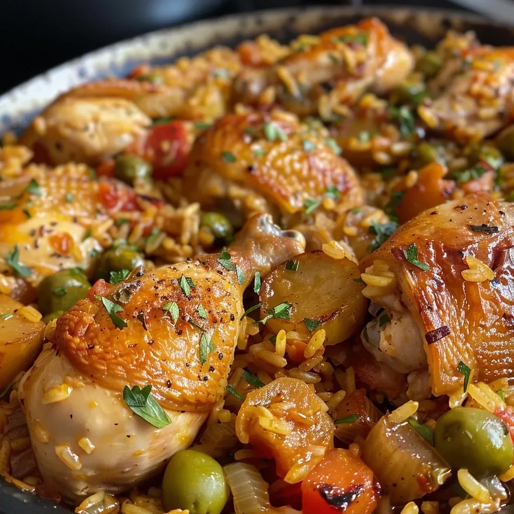 ['Plato de arroz con pollo y aceitunas en primer plano.', 'Vista lateral de arroz con pollo y aceitunas, mostrando sus ingredientes.', 'Arroz con pollo y aceitunas presentado en un plato, con colores vibrantes.', 'Detalle de arroz con pollo y aceitunas, resaltando su jugosidad.']