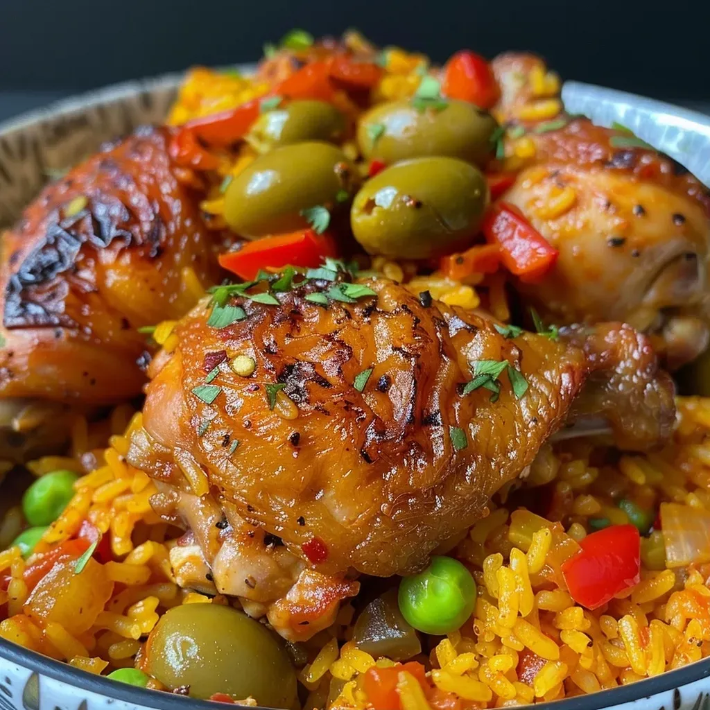['Tazón de arroz con pollo en primer plano, mostrando ingredientes frescos.', 'Plato de arroz con pollo, resaltando su colorido y jugosidad.', 'Vista lateral de un delicioso arroz con pollo servido en un plato.', 'Close-up de arroz con pollo, con pollo tierno y vegetales.']