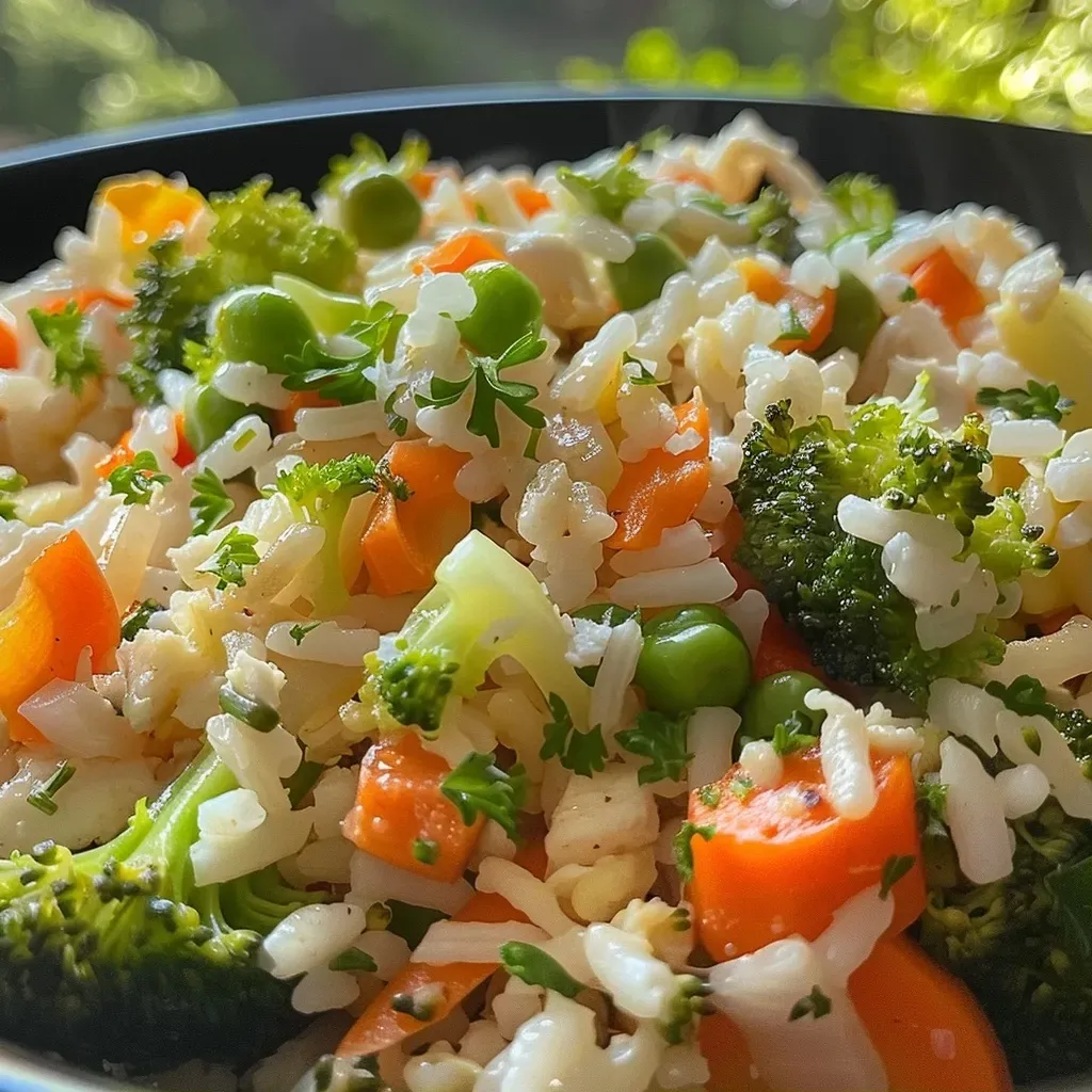 ['Plato de Arroz con Vegetales, mostrando colores vibrantes y textura apetitosa.', 'Primer plano de Arroz con Vegetales, resaltando los ingredientes frescos y coloridos.', 'Arroz con Vegetales presentado en un plato, con características visuales deliciosas.', 'Vista lateral de Arroz con Vegetales, destacando su jugosidad y frescura.']