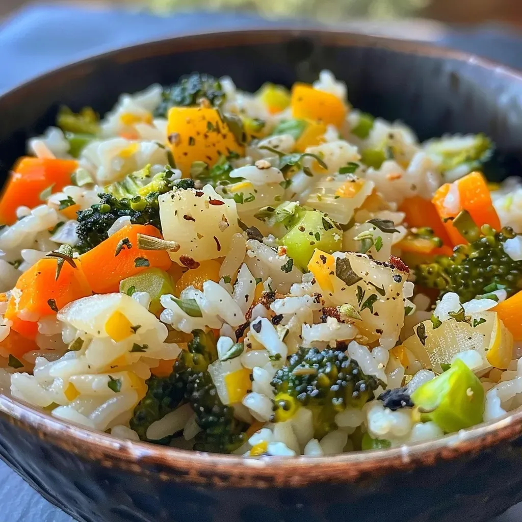 ['Arroz con vegetales en un plato, mostrando colores vibrantes.', 'Primer plano de un delicioso Arroz con vegetales.', 'Porción de Arroz con vegetales, resalta la variedad de ingredientes.', 'Vista lateral de Arroz con vegetales, con ingredientes frescos visibles.']