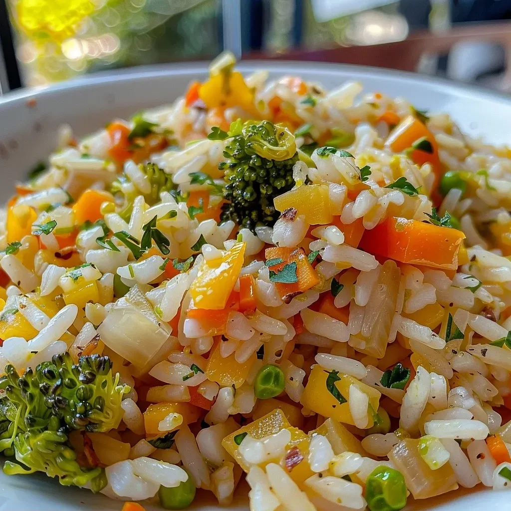 ['Arroz con vegetales en un plato, mostrando colores vibrantes.', 'Primer plano de un delicioso Arroz con vegetales.', 'Porción de Arroz con vegetales, resalta la variedad de ingredientes.', 'Vista lateral de Arroz con vegetales, con ingredientes frescos visibles.']