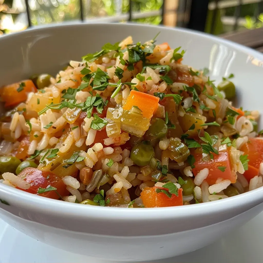 ['Arroz con verduras colorido y suelto en un plato.', 'Primer plano de un delicioso arroz con verduras.', 'Tazón de arroz con verduras, mostrando su textura suelta.', 'Arroz con diversas verduras frescas en una presentación apetitosa.']