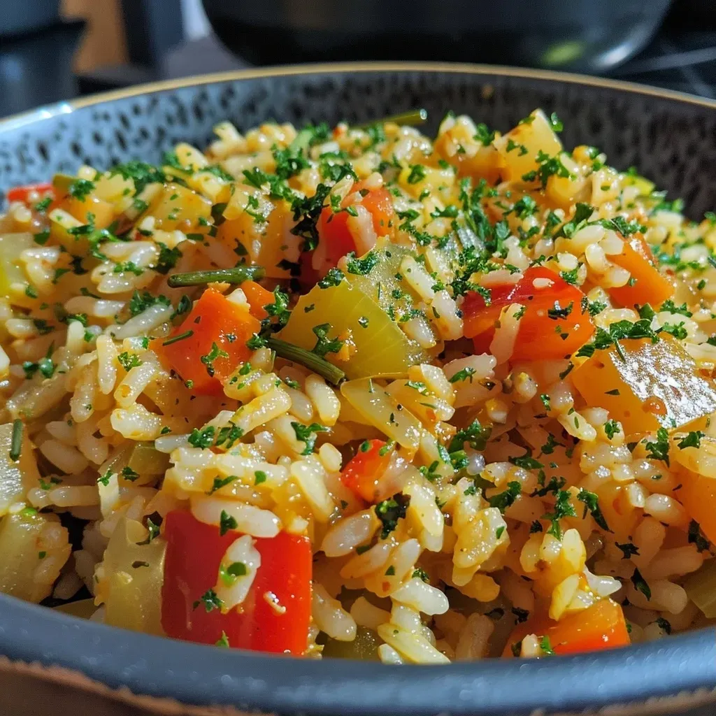['Plato de arroz con verduras, mostrando su textura suelta y colorido.', 'Detalle de un delicioso arroz con verduras, con ingredientes frescos visibles.', 'Arroz con verduras en un plato, resaltando su presentación y frescura.', 'Primer plano de arroz con diferentes verduras, destacando su colorido.']
