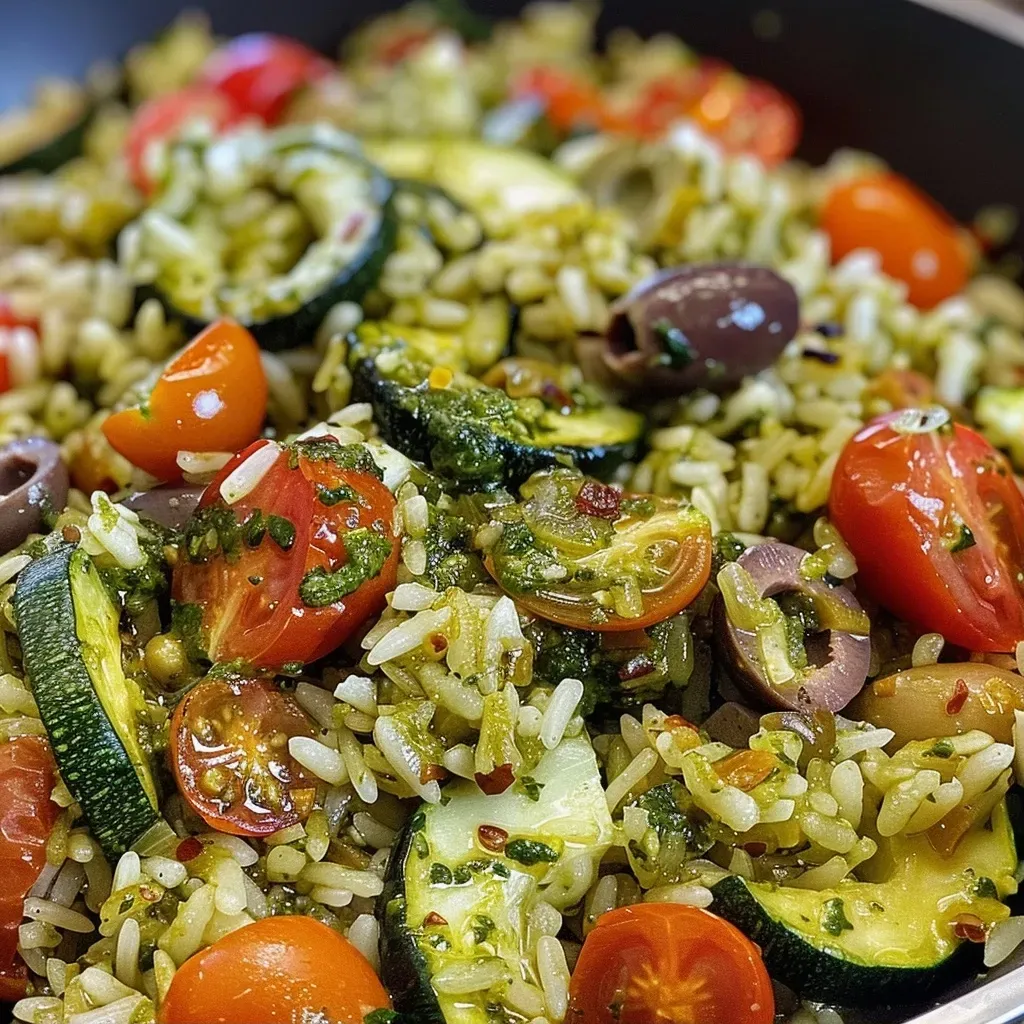 ['Arroz frito con pesto y verduras, vista lateral.', 'Plato de arroz frito con pesto y vegetales en primer plano.', 'Tazón de arroz frito con pesto, tomates y espinacas.', 'Detalle de arroz salteado con pesto y hortalizas coloridas.']