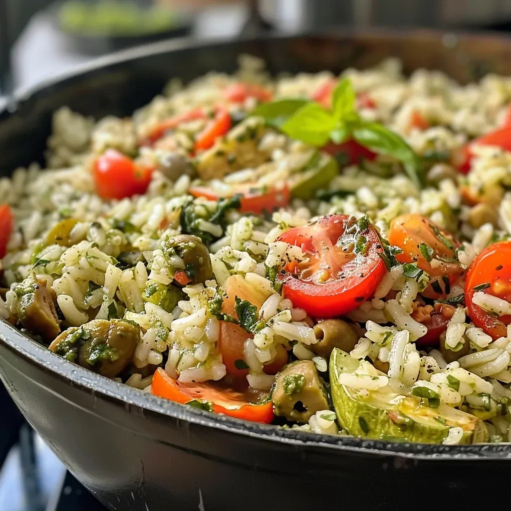 ['Arroz frito con pesto y verduras, vista lateral.', 'Plato de arroz frito con pesto y vegetales en primer plano.', 'Tazón de arroz frito con pesto, tomates y espinacas.', 'Detalle de arroz salteado con pesto y hortalizas coloridas.']
