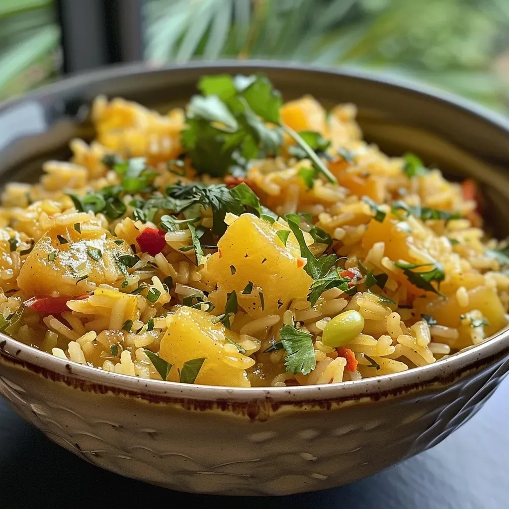 ['Primer plano de un plato de Arroz Hawaiano con colores vibrantes.', 'Vista lateral de Arroz Hawaiano servido en un bol.', 'Detalle del Arroz Hawaiano con piña y otros ingredientes frescos.', 'Arroz Hawaiano exhibido con ingredientes coloridos y frescos.']