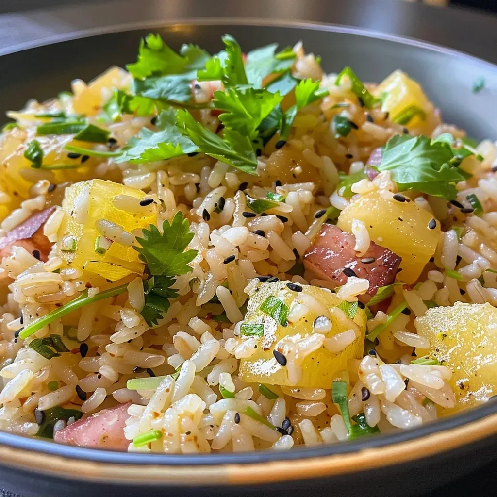 ['Primer plano de un plato de Arroz Hawaiano con colores vibrantes.', 'Vista lateral de Arroz Hawaiano servido en un bol.', 'Detalle del Arroz Hawaiano con piña y otros ingredientes frescos.', 'Arroz Hawaiano exhibido con ingredientes coloridos y frescos.']