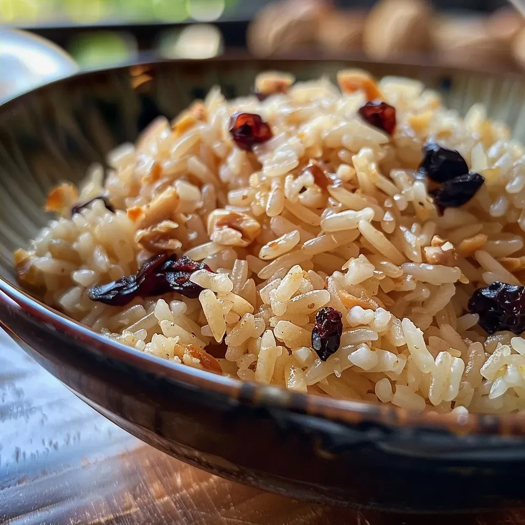 Arroz integral con arándanos y almendras sobre un plato.