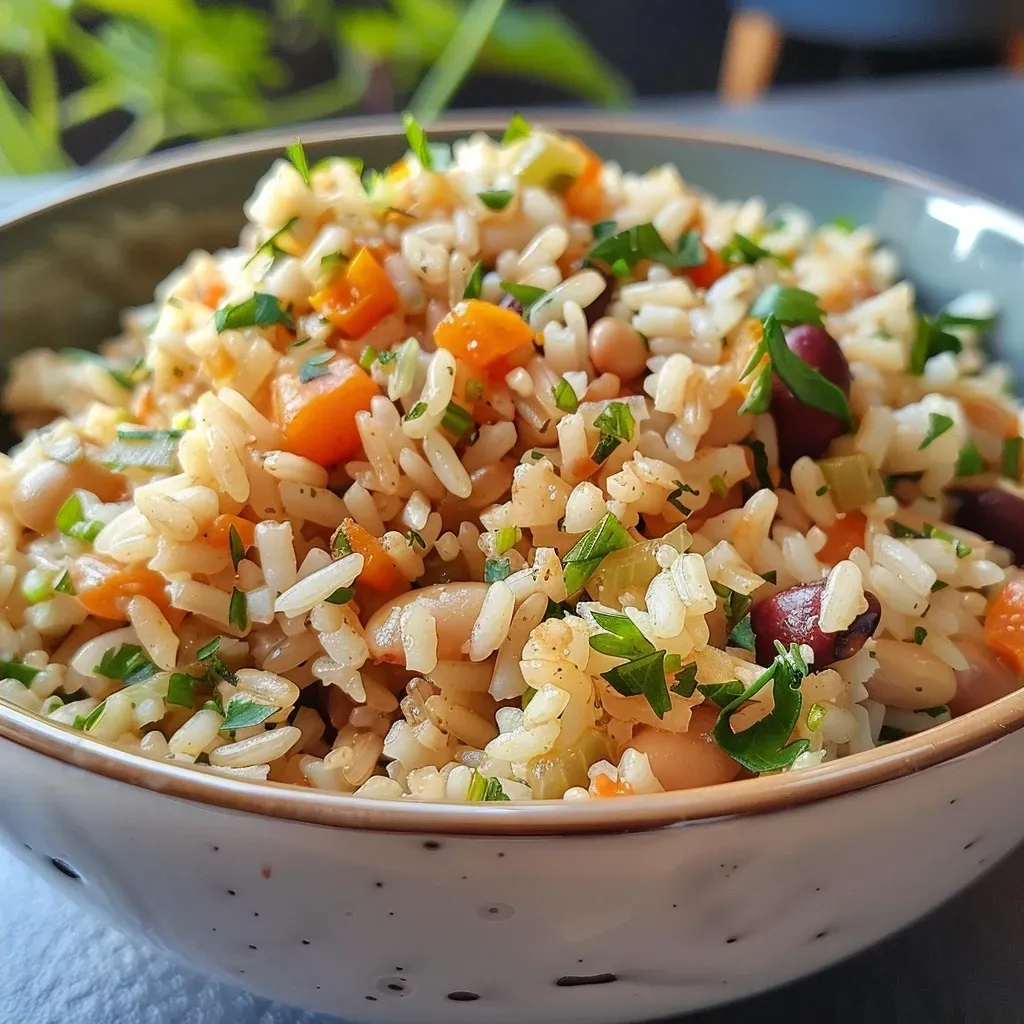 Plato de arroz integral con verduras coloridas.