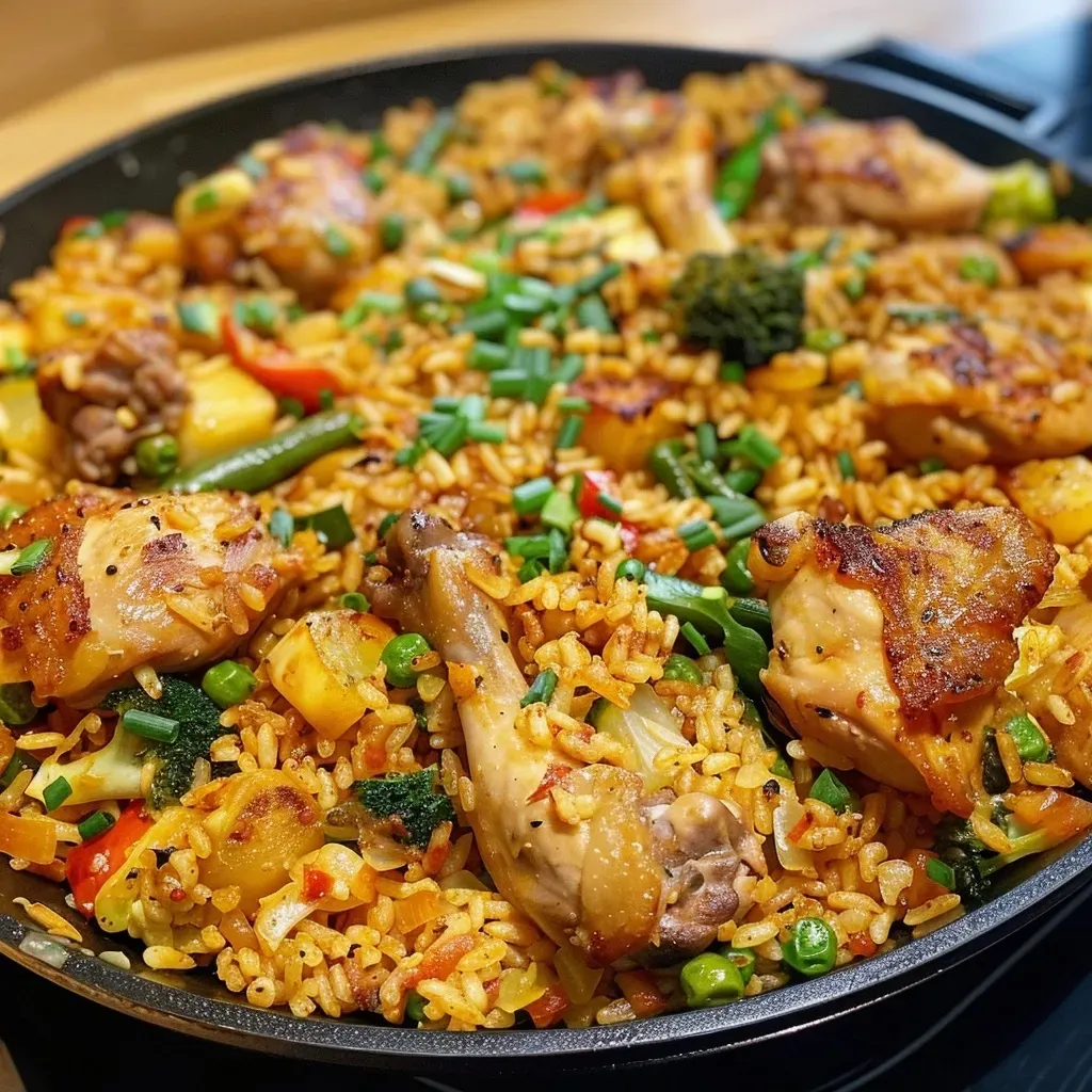 ['Arroz integral frito con pollo y verduras en un plato.', 'Primer plano de arroz integral frito con ingredientes saludables.', 'Arroz integral frito con trozos de pollo y vegetales frescos.', 'Vista lateral de un plato de arroz integral frito, lleno de color.']