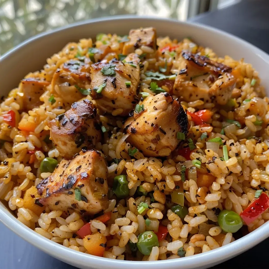 ['Arroz integral frito con pollo y verduras en un plato.', 'Primer plano de arroz integral frito con ingredientes saludables.', 'Arroz integral frito con trozos de pollo y vegetales frescos.', 'Vista lateral de un plato de arroz integral frito, lleno de color.']