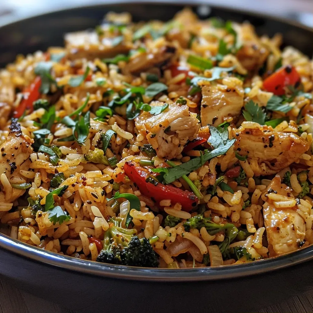['Arroz integral frito con pollo y verduras en un plato.', 'Primer plano de un plato de arroz integral frito lleno de colores.', 'Arroz integral frito con zanahorias, brócoli y pollo desmenuzado.', 'Vista lateral de arroz integral frito, vibrante y apetitoso.']