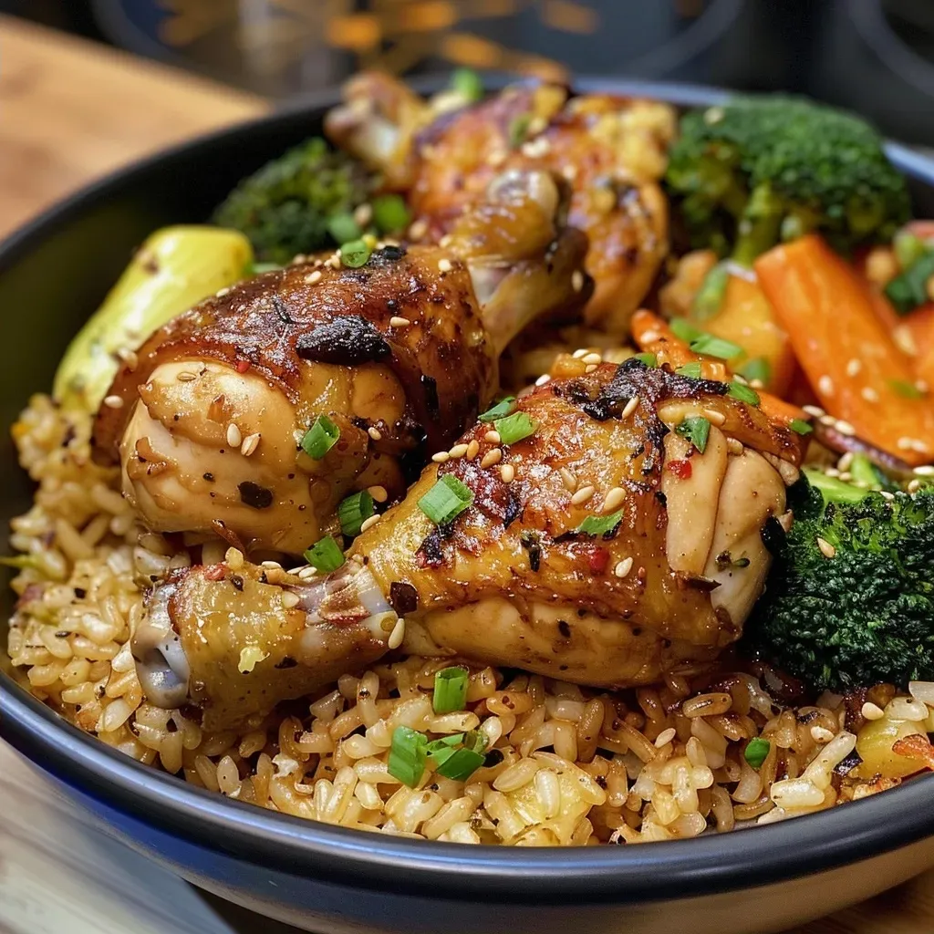 ['Arroz integral frito con pollo y verduras en un plato.', 'Primer plano de un plato de arroz integral frito lleno de colores.', 'Arroz integral frito con zanahorias, brócoli y pollo desmenuzado.', 'Vista lateral de arroz integral frito, vibrante y apetitoso.']