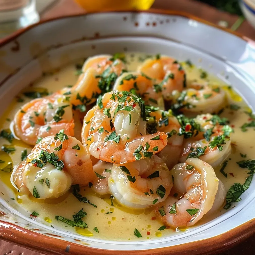 ['Camarones en mantequilla de ajo cremosa en un plato humeante.', 'Close up de camarones glaseados en salsa de ajo y mantequilla.', 'Tazón con camarones en mantequilla de ajo, decorados con perejil.', 'Porción de camarones cocinados en mantequilla y ajo, listos para servir.']