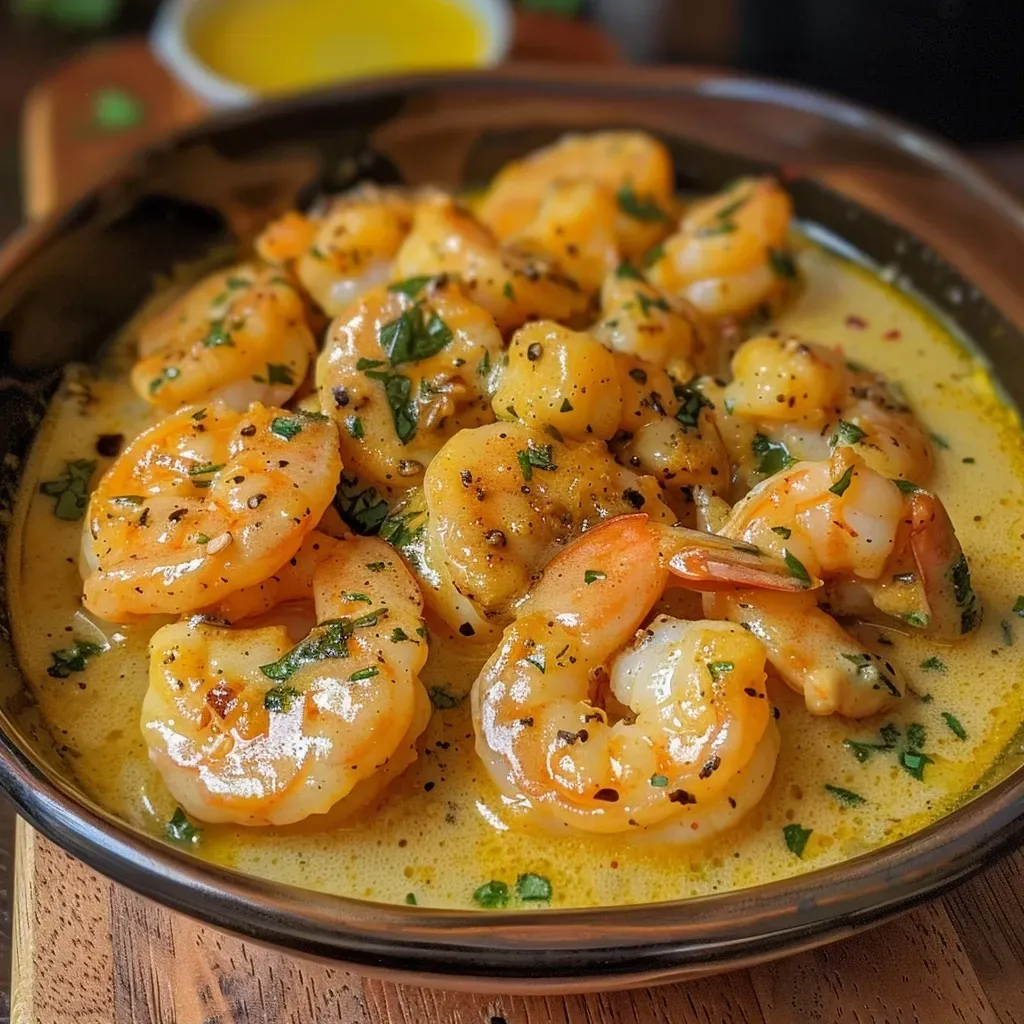 ['Camarones en mantequilla de ajo cremosa en un plato humeante.', 'Close up de camarones glaseados en salsa de ajo y mantequilla.', 'Tazón con camarones en mantequilla de ajo, decorados con perejil.', 'Porción de camarones cocinados en mantequilla y ajo, listos para servir.']