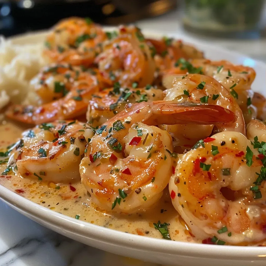 ['Camarones en una salsa cremosa de mantequilla y ajo.', 'Primer plano de camarones cocinados en mantequilla de ajo.', 'Camarones grandes en salsa cremosa, listos para disfrutar.', 'Placa con camarones en mantequilla de ajo, decorados con perejil.']