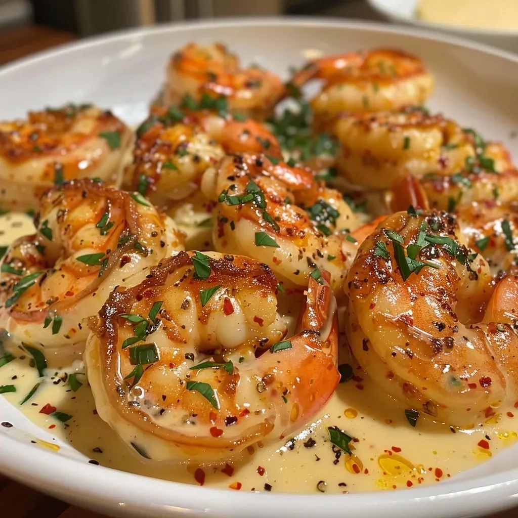 ['Camarones en una salsa cremosa de mantequilla y ajo.', 'Primer plano de camarones cocinados en mantequilla de ajo.', 'Camarones grandes en salsa cremosa, listos para disfrutar.', 'Placa con camarones en mantequilla de ajo, decorados con perejil.']
