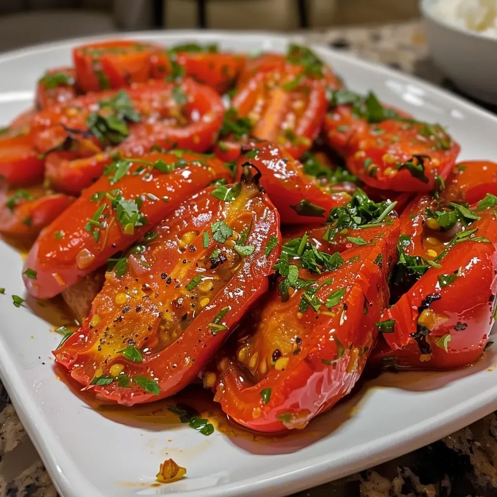 ['Crema de pimiento rojo asado en un plato.', 'Primer plano de crema de pimiento rojo asado.', 'Tazón con crema de pimiento rojo asado decorado con albahaca.', 'Crema de pimiento rojo asado en una mesa.']